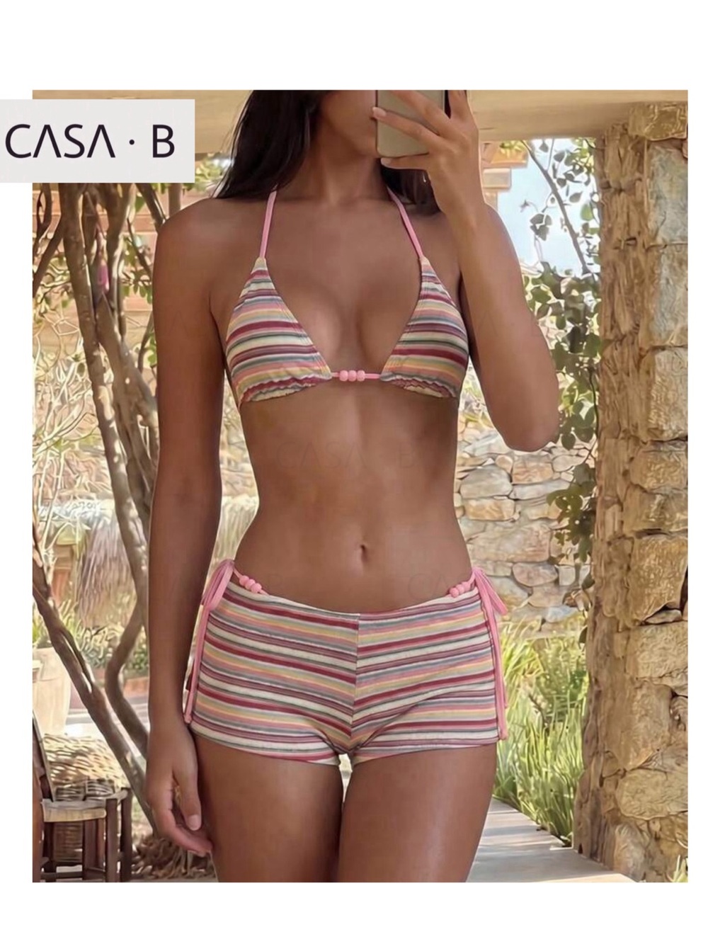 DROPS 7/3💫CASA B | Paulina 3 piece Beaded Striped Bikini Shorts Set